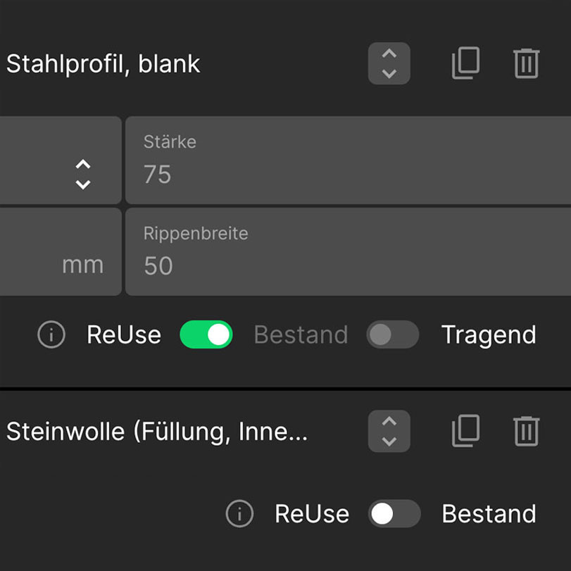 Bilde Kreislaufwirtschaft mit ReUse-Bauteilen und Bestandsdaten messbar in deinem Entwurf ab.